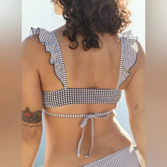 🕶AERIE SEERSUCKER RUFFLE WRAP BIKINI TOP SIZE M AND BOTTOM SIZE S - Picture 3 of 12